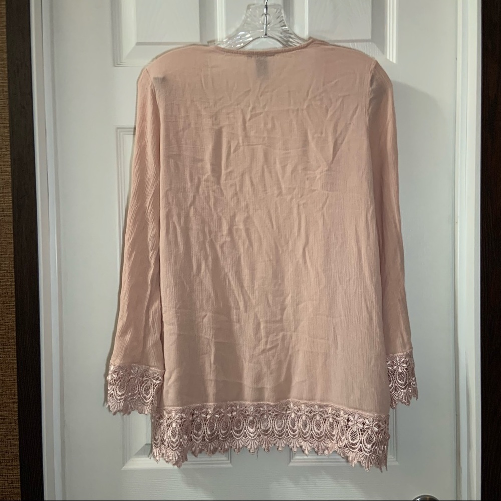 Forever 21 Peach/Pink Open Front Lace Crochet Trim Kimono Small - Picture 7 of 7